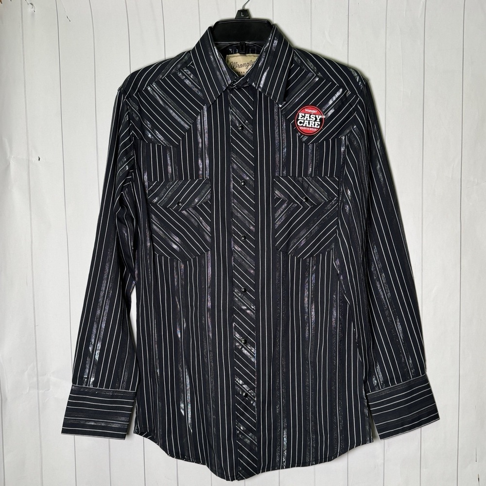 NEW Wrangler Western Pearl Snap Button Shirt Black Metallic Silver Striped Small